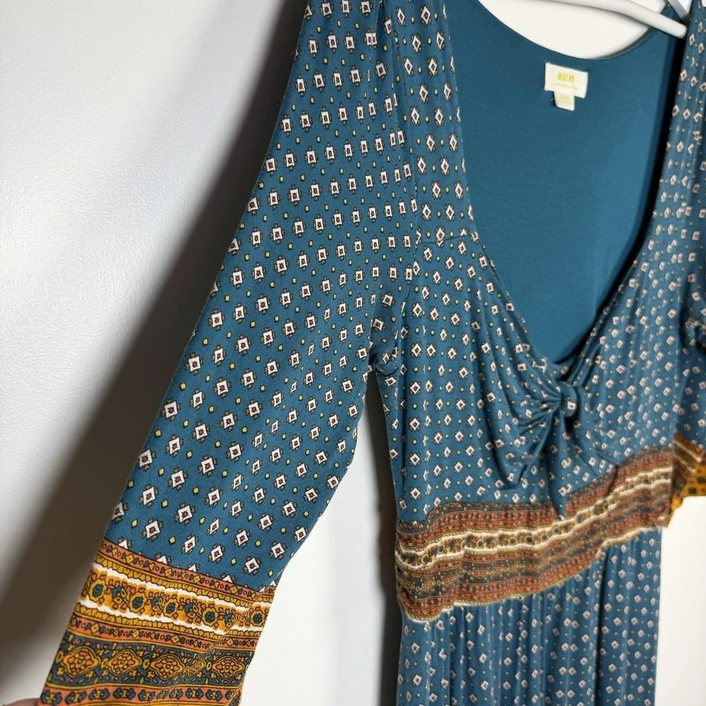 Anthropologie Maeve Large Blue Beloved Tie Front 3/4 Sleeve Jersey Midi Dress